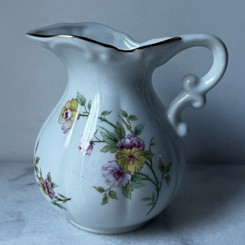 Lefton White Porcelain Floral Pitcher with Purple and Yellow Flowers